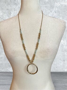 Gold Circle Pendant Necklace with Light Aqua Beads